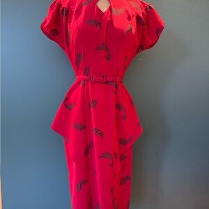 Elegant Red Dress with Green Pattern